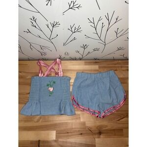 Vintage King Kole Girls Blue Pink Heart Smocked Top Shorts Set Size 5 Miami Made